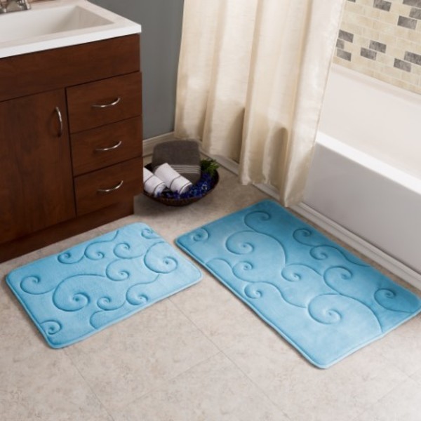 Hastings Home 2 pc Memory Foam Bath Mat Set by Hastings Home -Coral Fleece Embossed Pattern - Blue 351151WNL